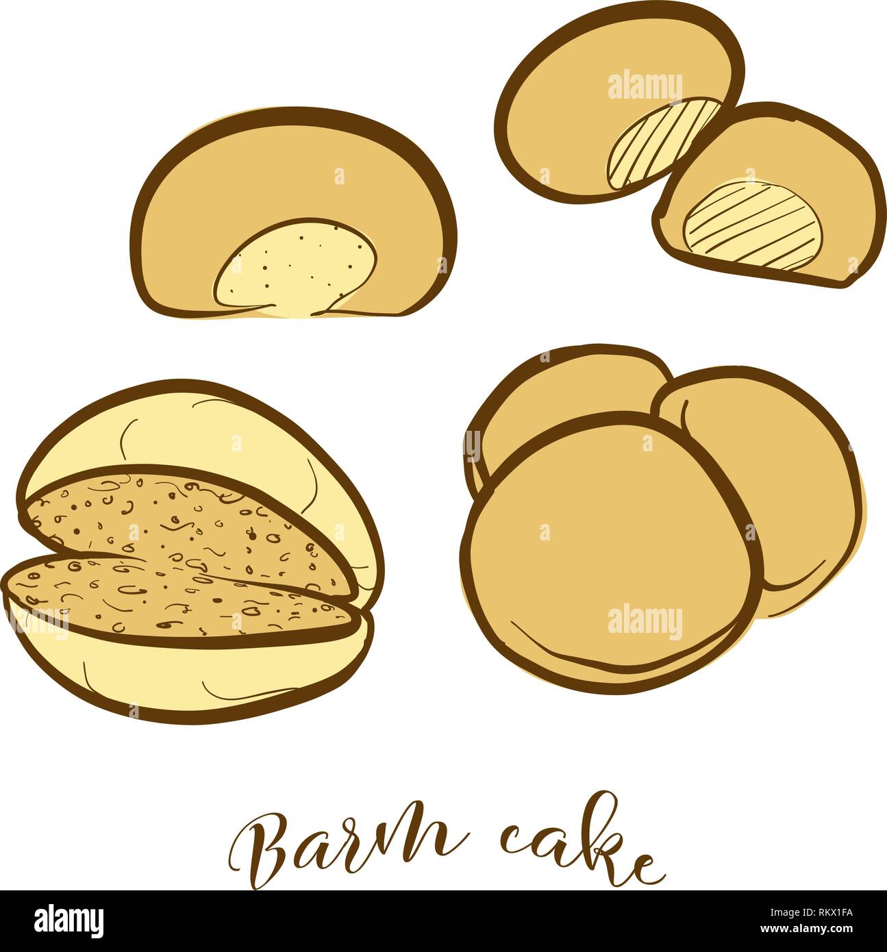 Colored sketches of Barm cake bread. Vector drawing of Yeast bread food, usually known in Lancashire. Colored Bread illustration series. Stock Vector