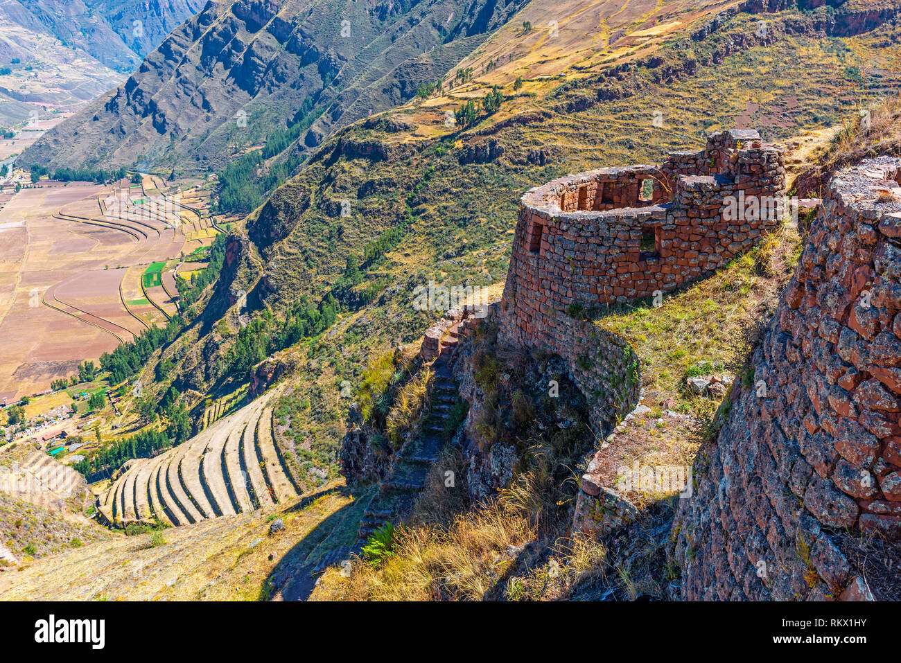 The inca ruins of Pisac with its terraced fields near the city of Cusco, Peru. Stock Photo