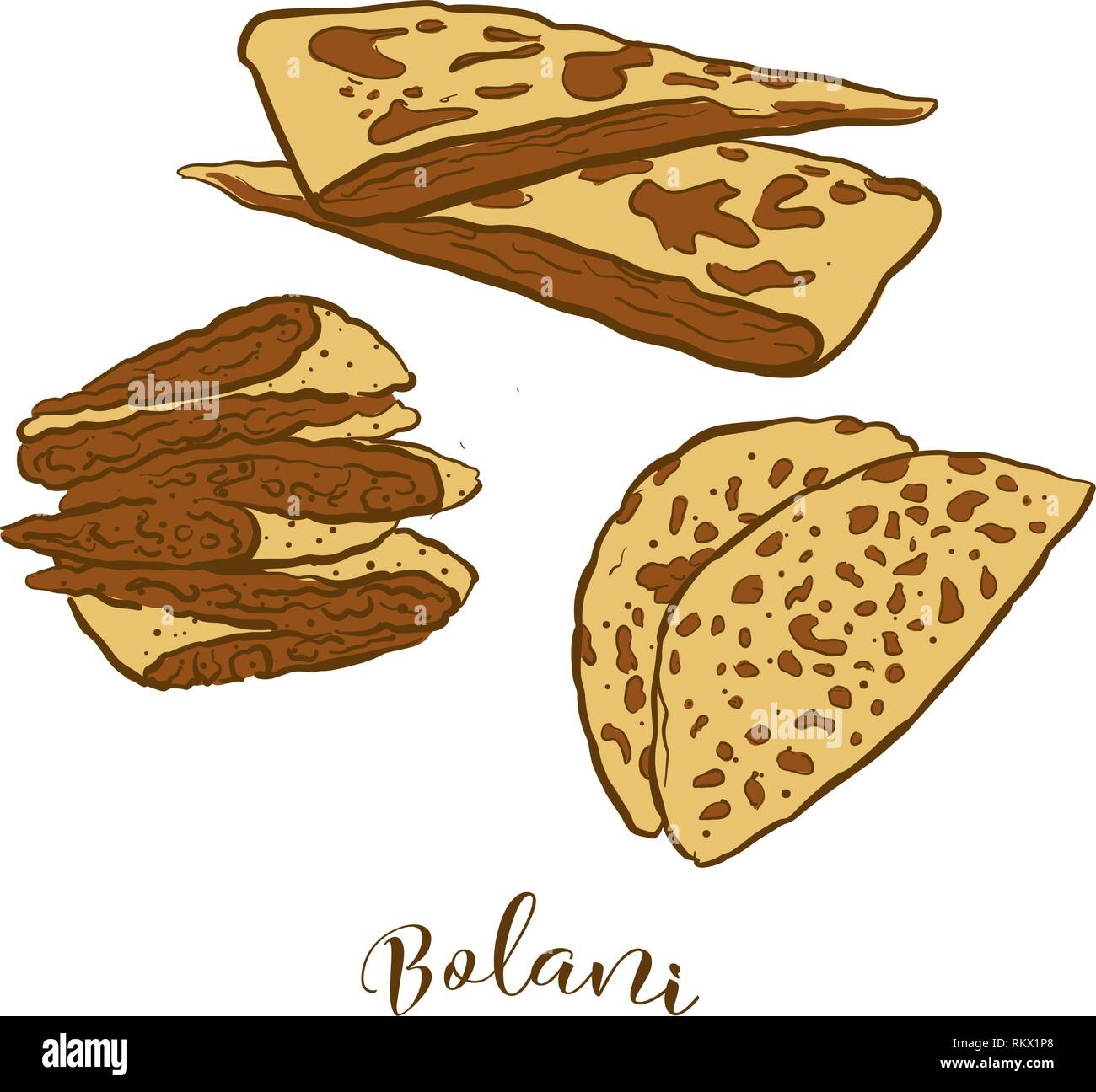 Colored sketches of Bolani bread. Vector drawing of Flatbread food, usually known in Afghanistan. Colored Bread illustration series. Stock Vector