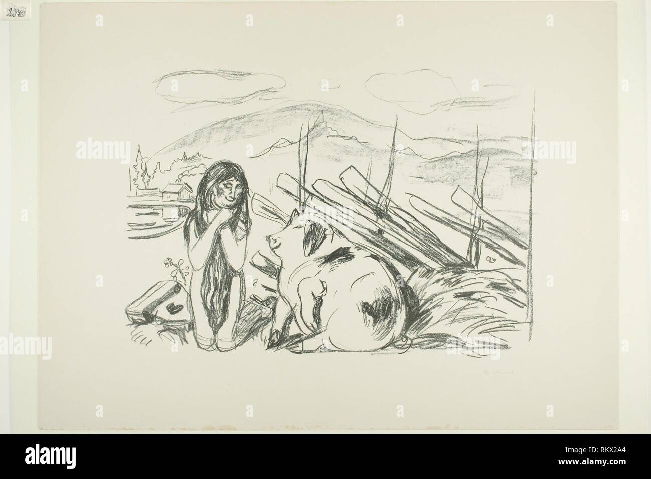 Omega and the Pig - 1908/09 - Edvard Munch Norwegian, 1863-1944 - Artist: Edvard Munch, Origin: Norway, Date: 1908-1909, Medium: Lithograph on paper, Stock Photo