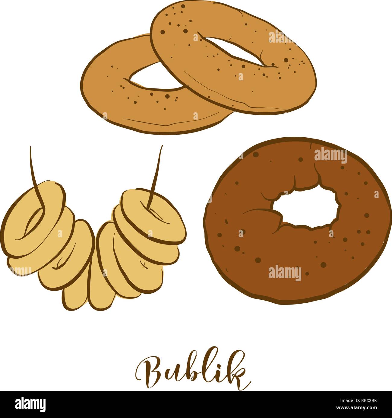 Colored sketches of Bublik bread. Vector drawing of Wheat bread food, usually known in Poland. Colored Bread illustration series. Stock Vector