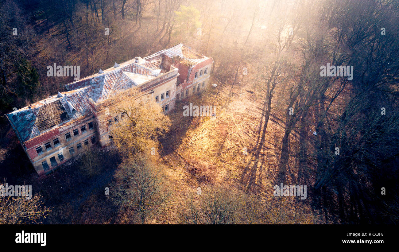 Forgotten Abandoned Manor, Aerial View Stock Photo