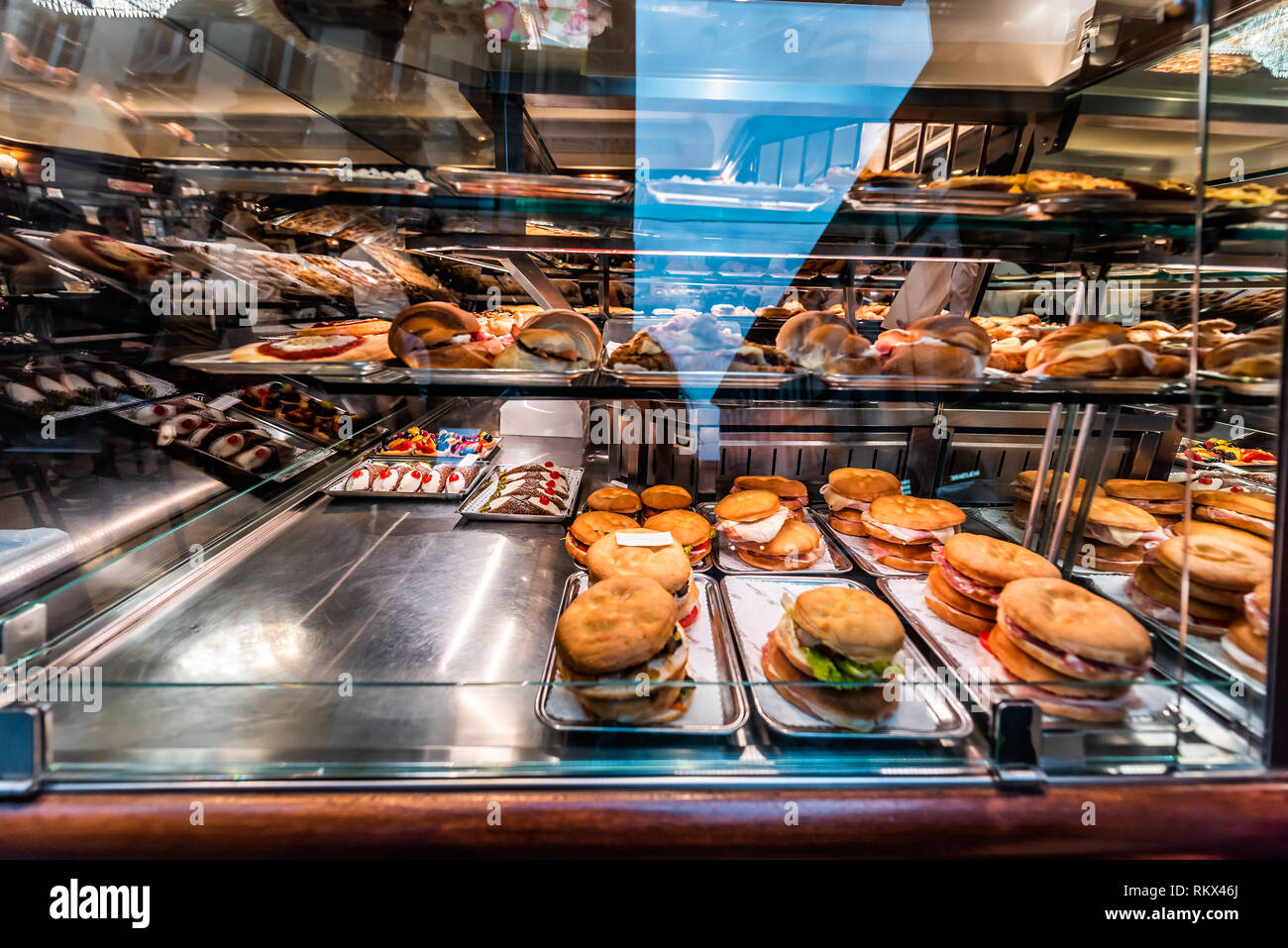 Display of store shop selling Italian panini sandwiches deli and