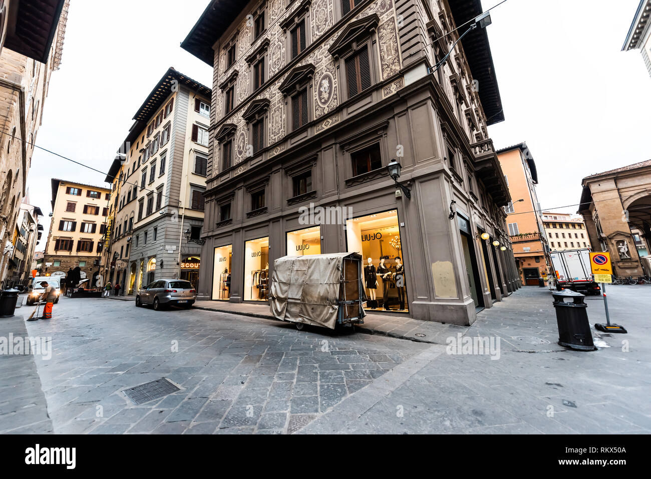 Florence, Italy - August 31, 2018: Liu Jo storefront building facade of shop store in Firenze, Italian city with sign and architecture in morning Stock Photo