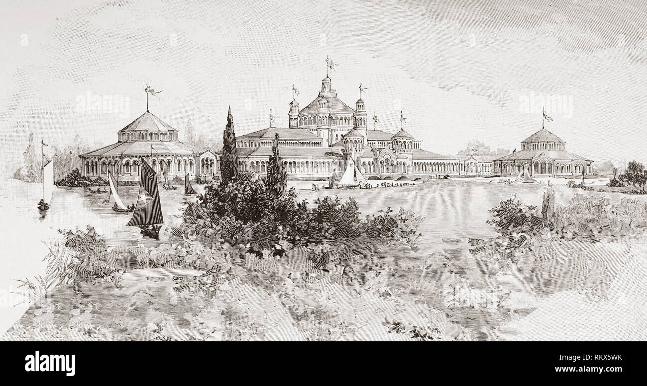 The World's Columbian Exposition, aka World's Fair: Columbian Exposition, Chicago World's Fair and Chicago Columbian Exposition. A world's fair held in Chicago in 1893 to celebrate the 400th anniversary of Christopher Columbus's arrival to the New World in 1492.  The Fisheries building.  From La Ilustracion Espanola y Americana, published 1892. Stock Photo