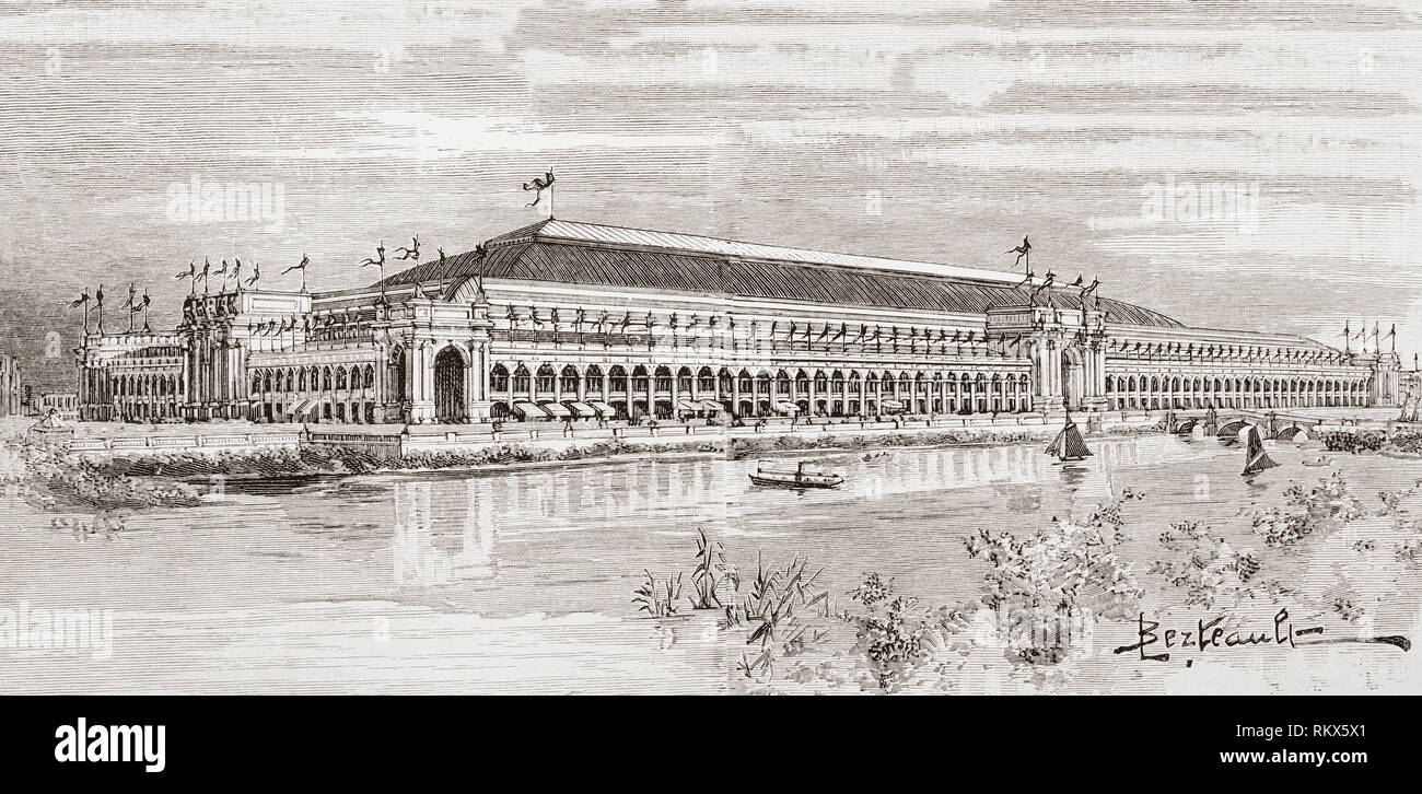 The World's Columbian Exposition, aka World's Fair: Columbian Exposition, Chicago World's Fair and Chicago Columbian Exposition. A world's fair held in Chicago in 1893 to celebrate the 400th anniversary of Christopher Columbus's arrival to the New World in 1492.  The Manufactures and Liberal Arts Building, which exhibited works related to literature, science, art and music.  From La Ilustracion Espanola y Americana, published 1892. Stock Photo