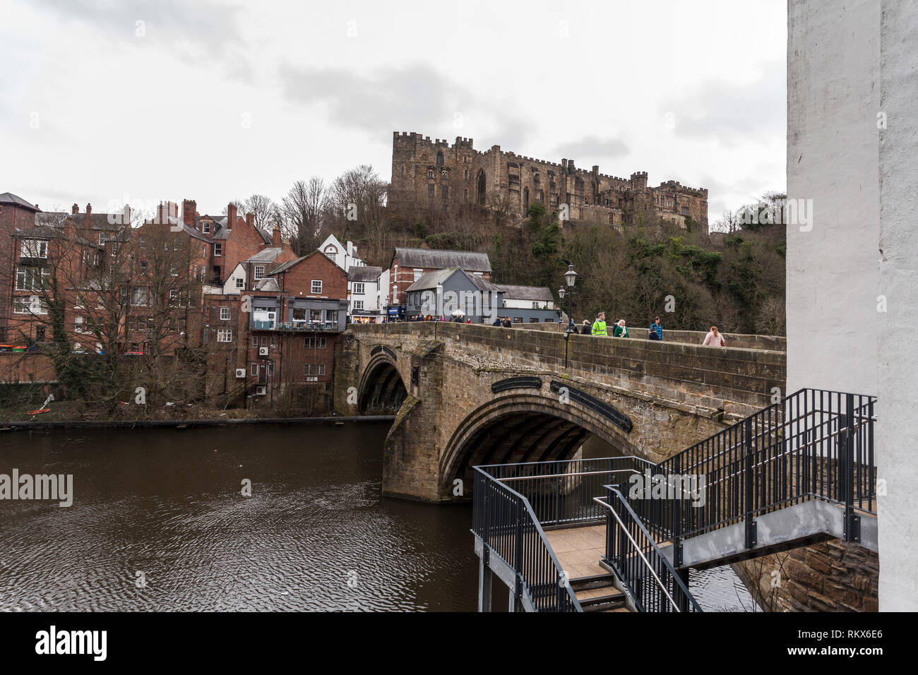 A view across Framwellgate Bridge and the Castle (University College) in the background at Durham,England,UK Stock Photo