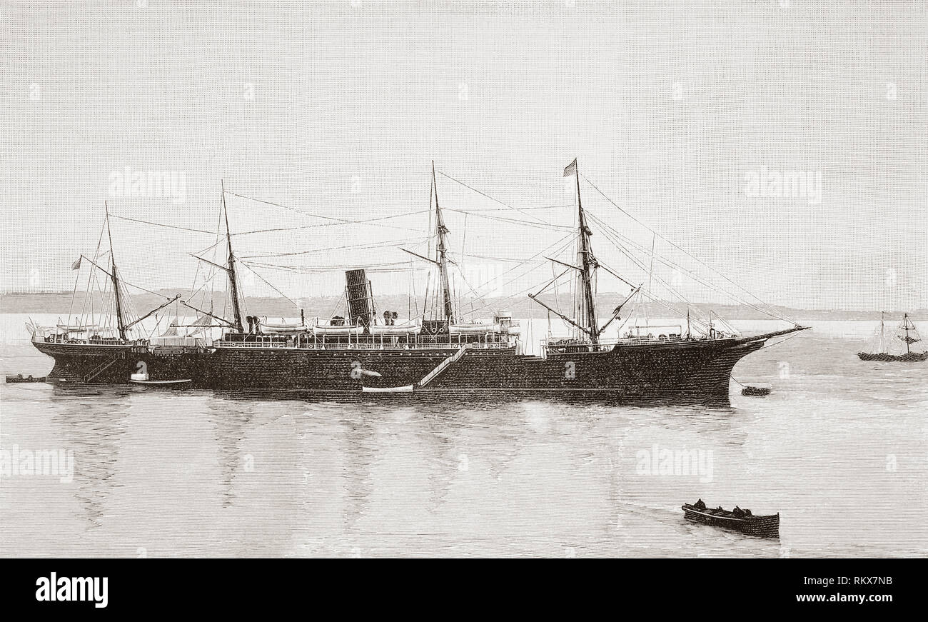 The steel screw steamer Reina Maria Cristina, seen here in the late 19th century.   Sister ship of the first Alfonso XIII. After the sinking of the Alfonso XIII she was known as 'La viuda alegre' (The happy widow).  From La Ilustracion Española y Americana, published 1892. Stock Photo