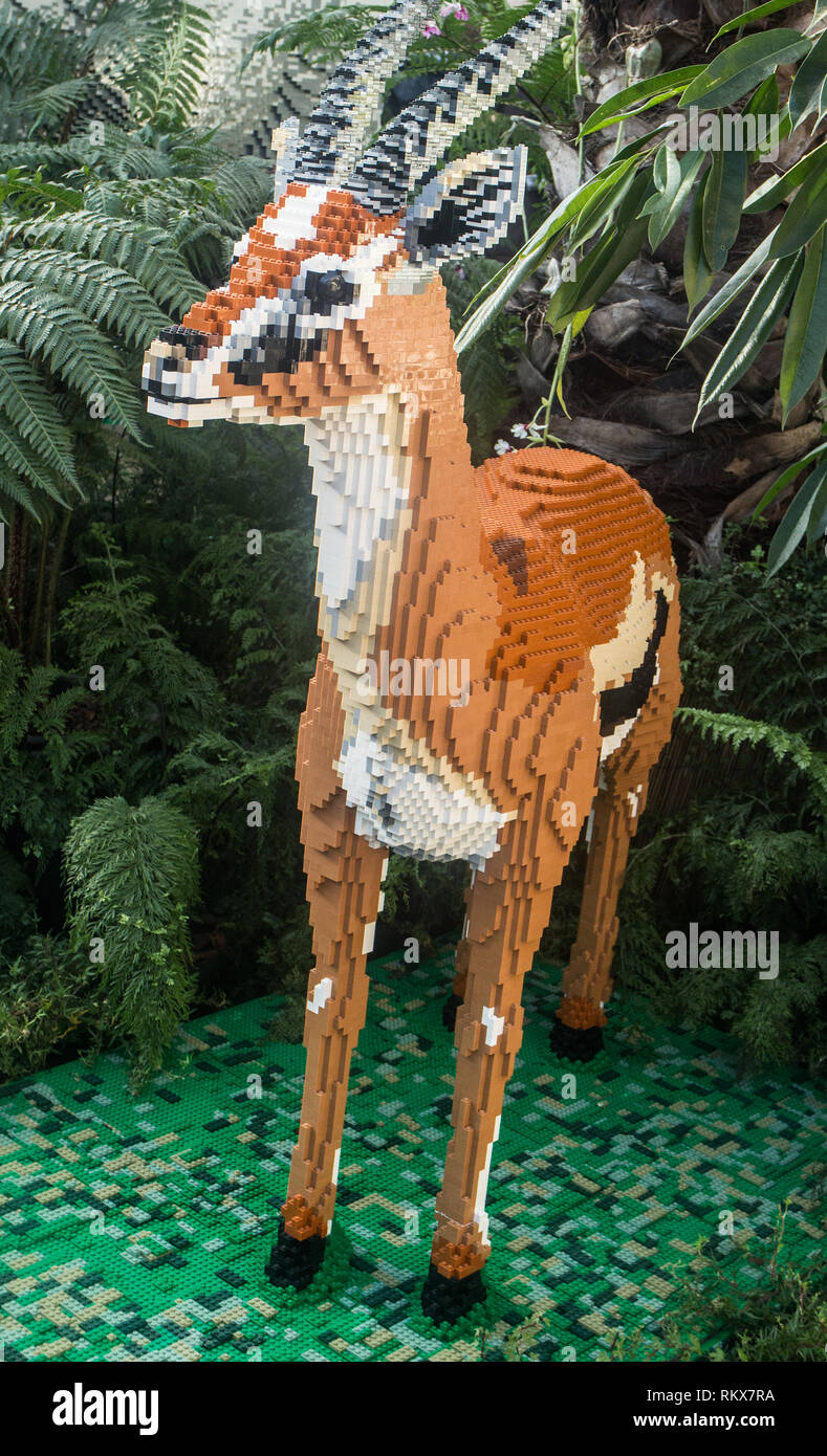 A life-sized lego model of a gazelle from East Africa at 'The Great Brick Safari' 2019 at RHS Wisley Garden, Surrey Stock Photo
