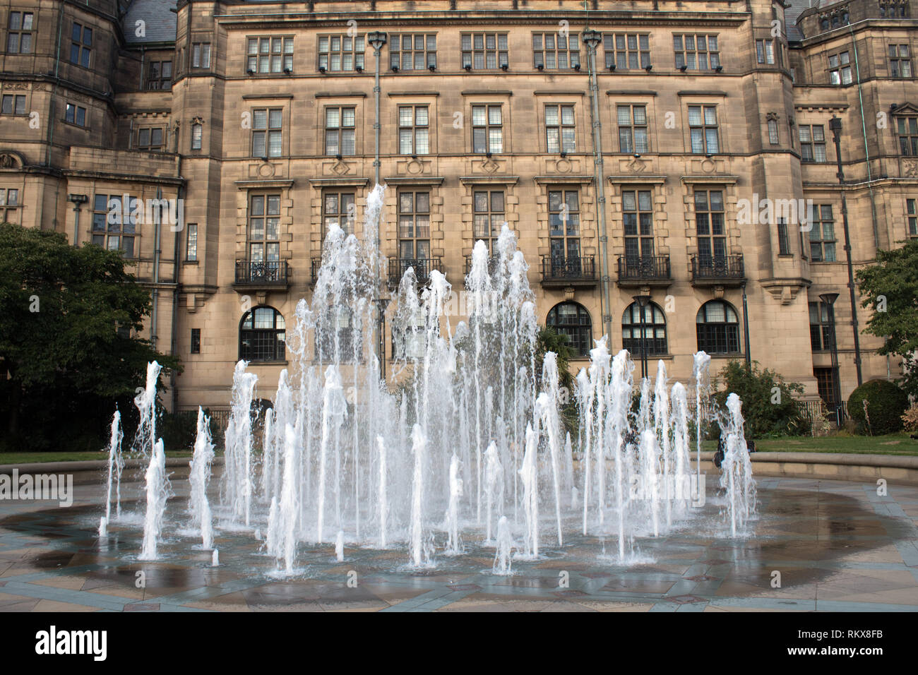 Sheffield Town Hall with fountains in the Peace Garden Pinstone Street ...