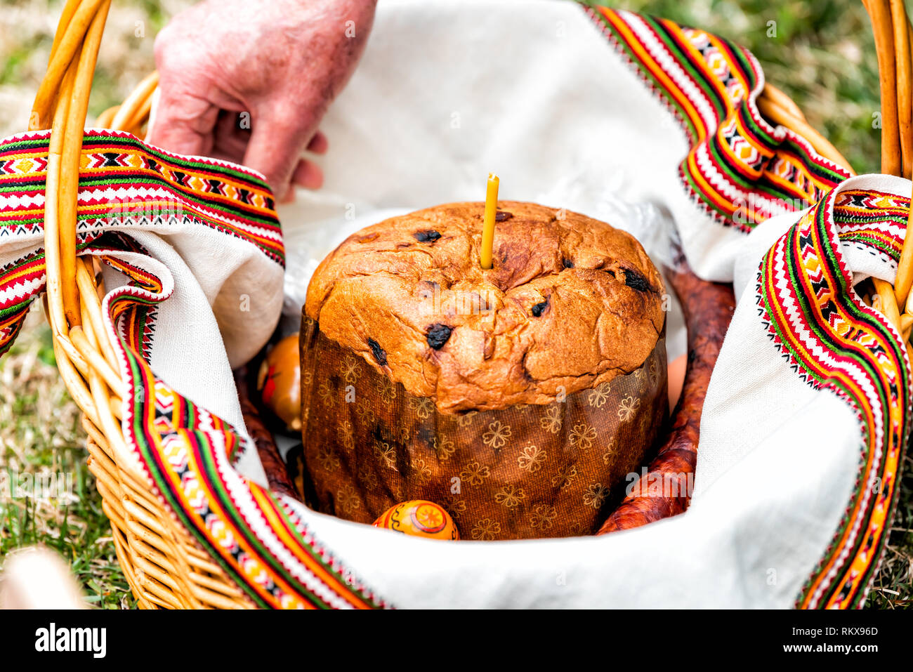 Eggs and raisin Kulich Ukrainian Orthodox Easter blessing wicker straw