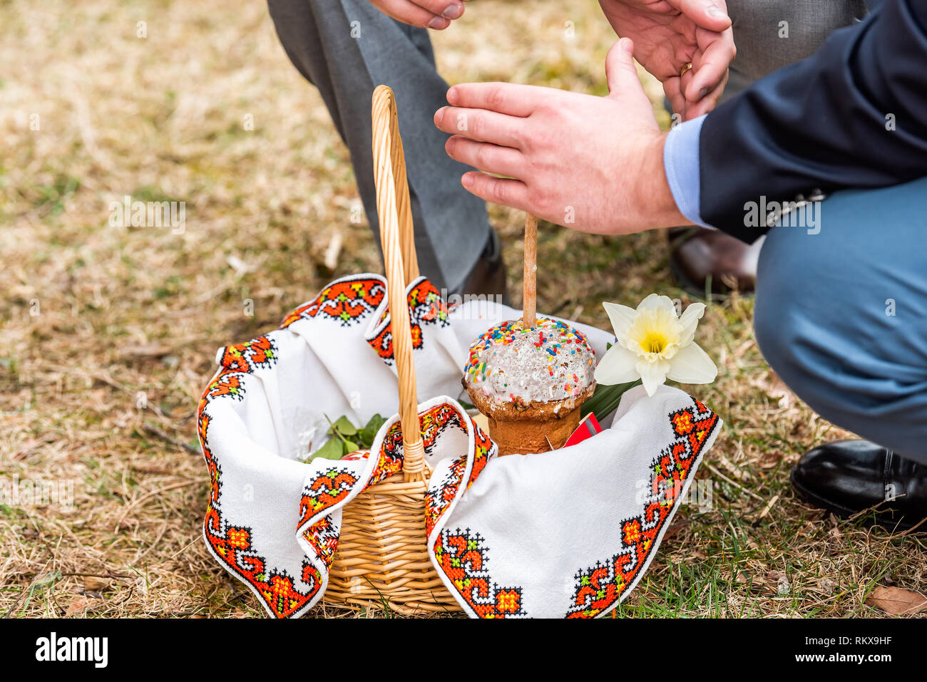 Kulich Ukrainian Orthodox Easter blessing wicker basket with man