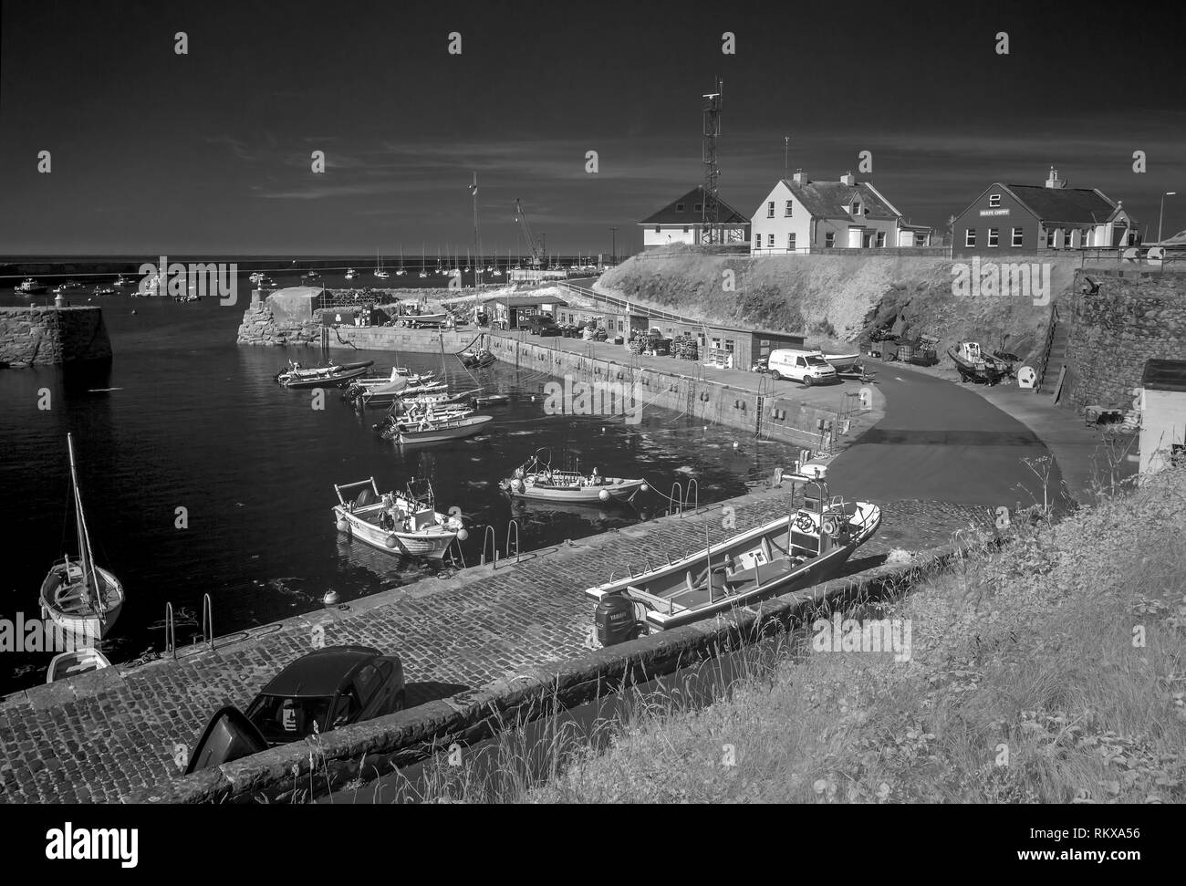 Infrared monochrome image of Braye Harbour on Alderney , Channel Islands. Stock Photo
