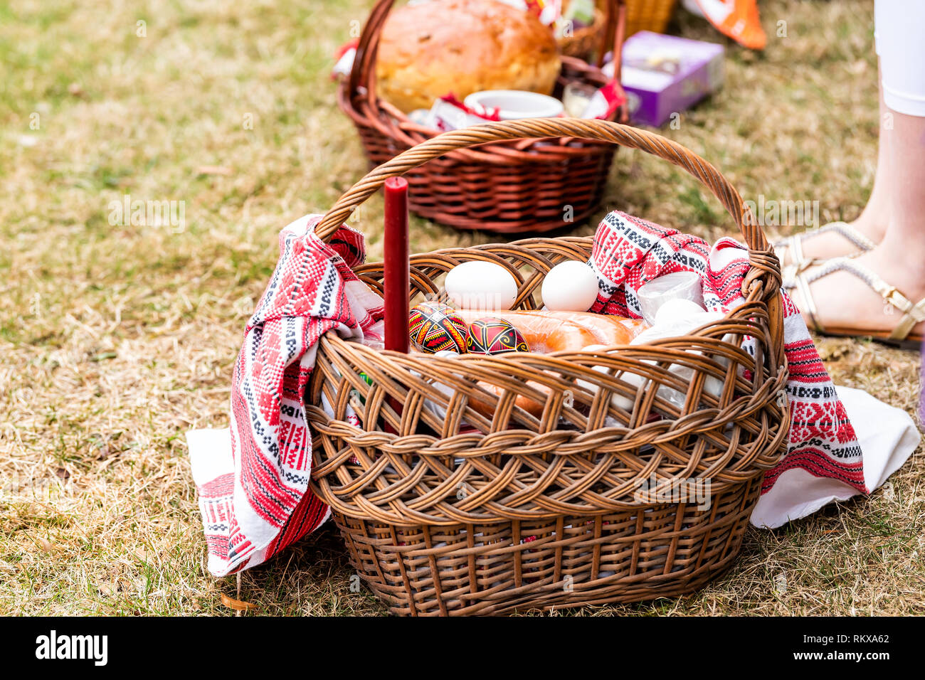Russian Ukrainian Orthodox Easter blessing wicker basket with person