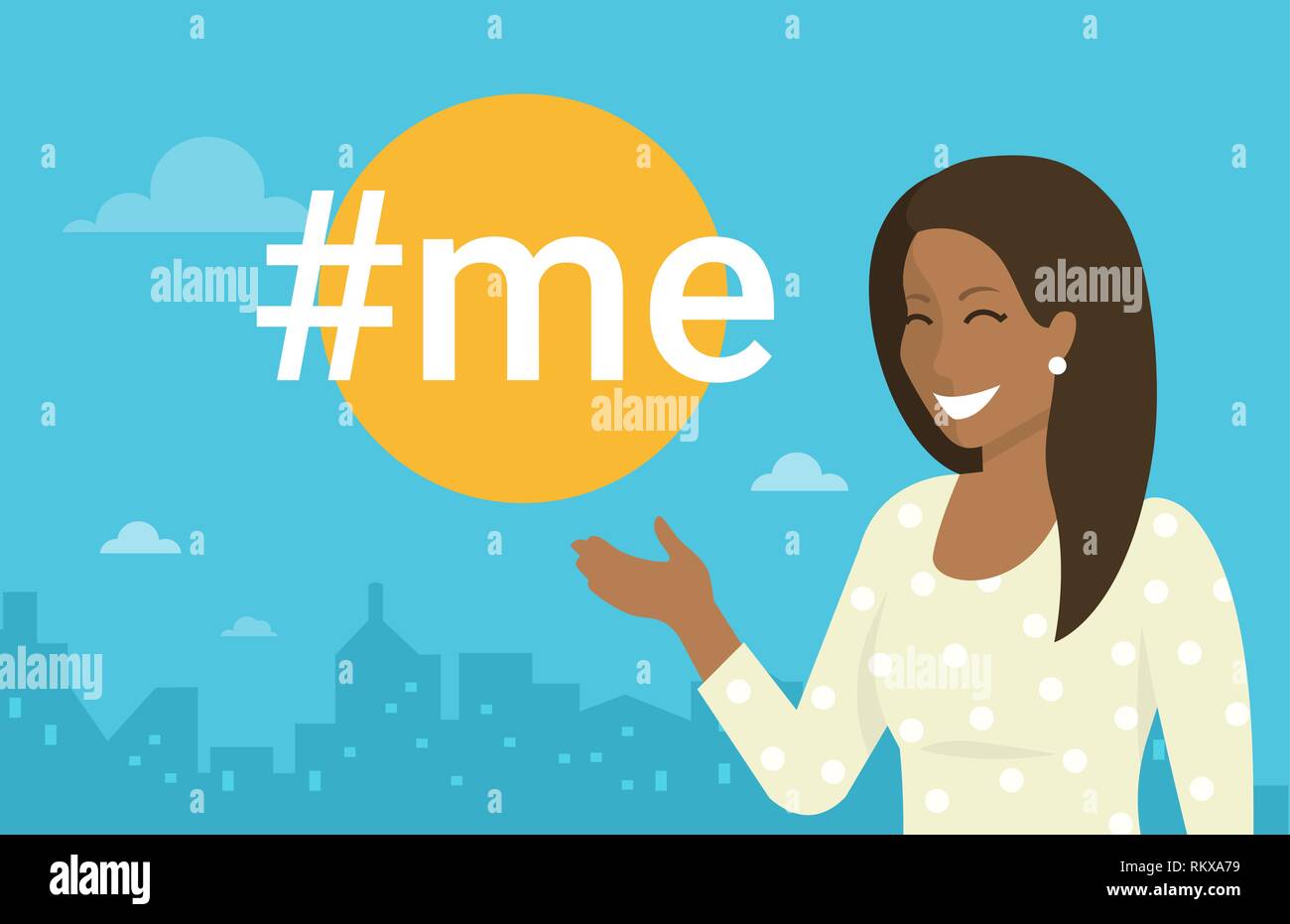 Hashtag me concept flat vector illustration of smiling african woman wearing dress posting self images with hashtags. Self promotion in social media c Stock Vector Image Art Alamy
