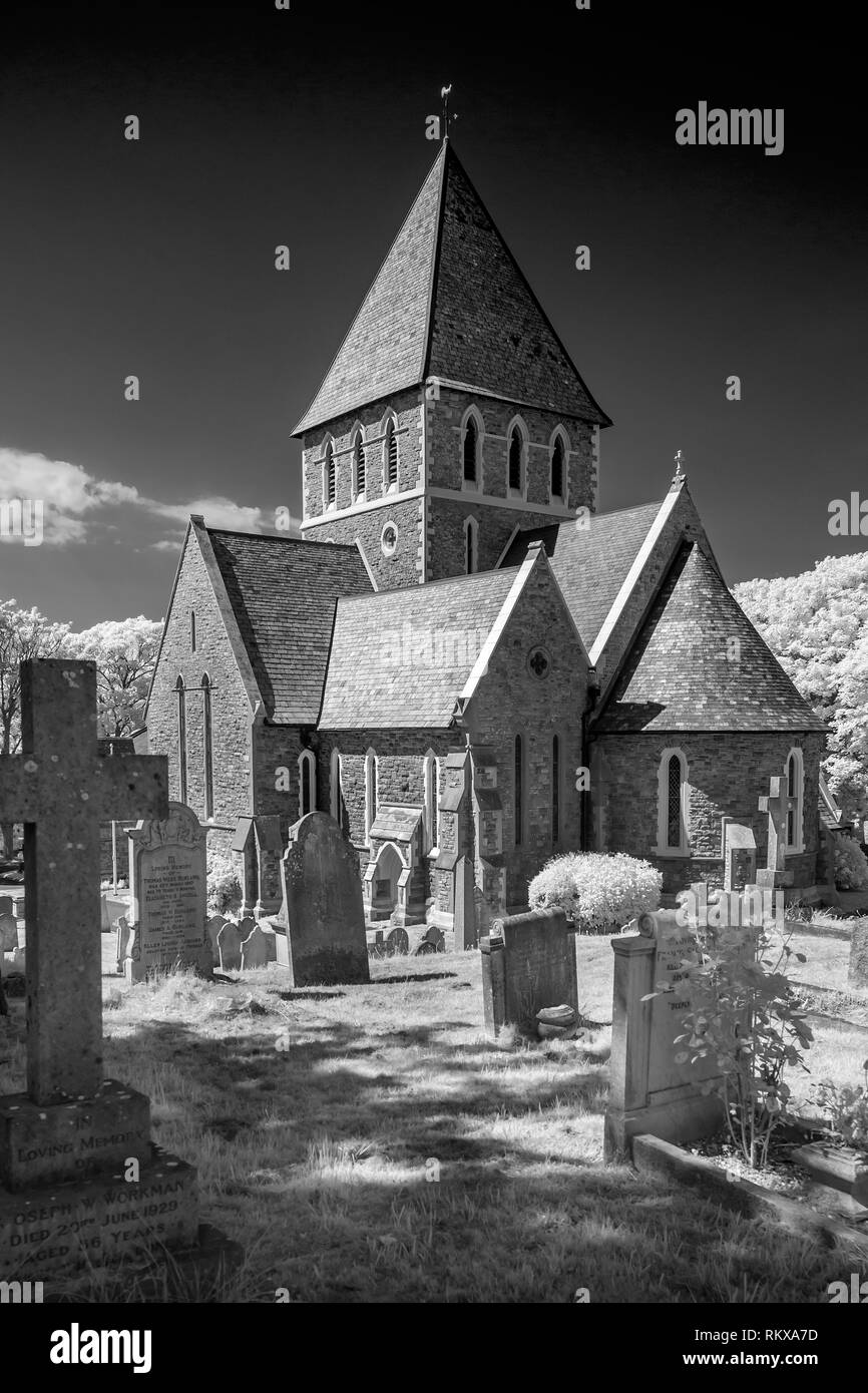 Infrared monochrome image of the Parish Church of St. Anne, on Victoria Street, St Anne's, Alderney, Channel Islands. Stock Photo