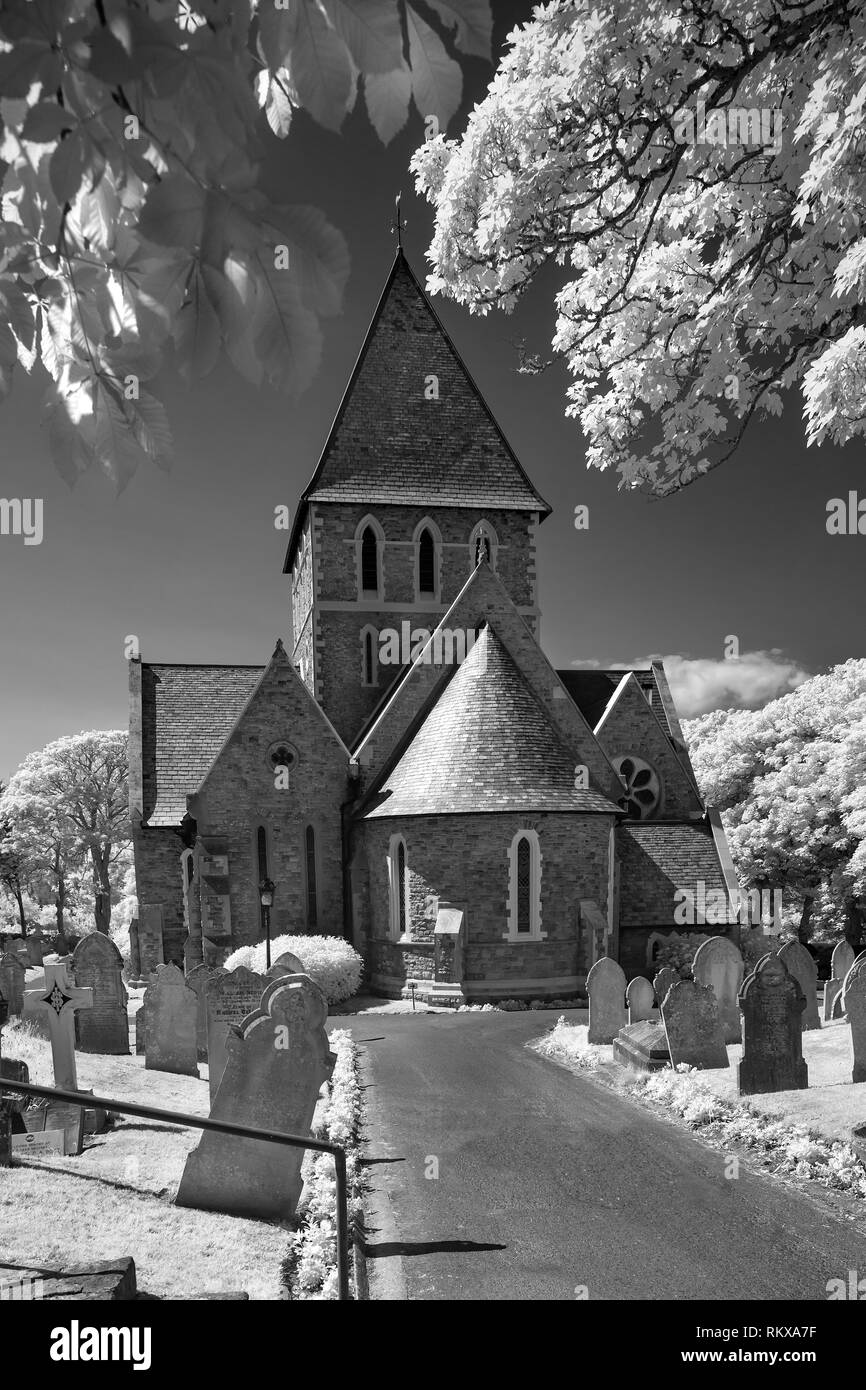 Infrared Monochrome image of St Anne's Church on Victoria Street, Alderney, Channel Islands. Stock Photo