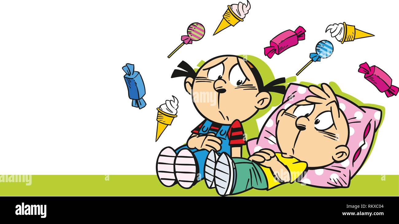 The illustration shows cartoon boy and girl who overeat sweets. Illustration isolation performed, on separate layers Stock Vector