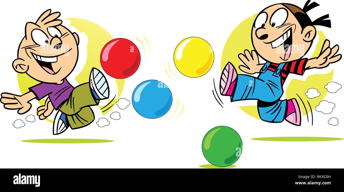 The illustration shows a boy and girl in joyful emotions, which are actively playing with colored balls. Illustration done in cartoon style Stock Vector