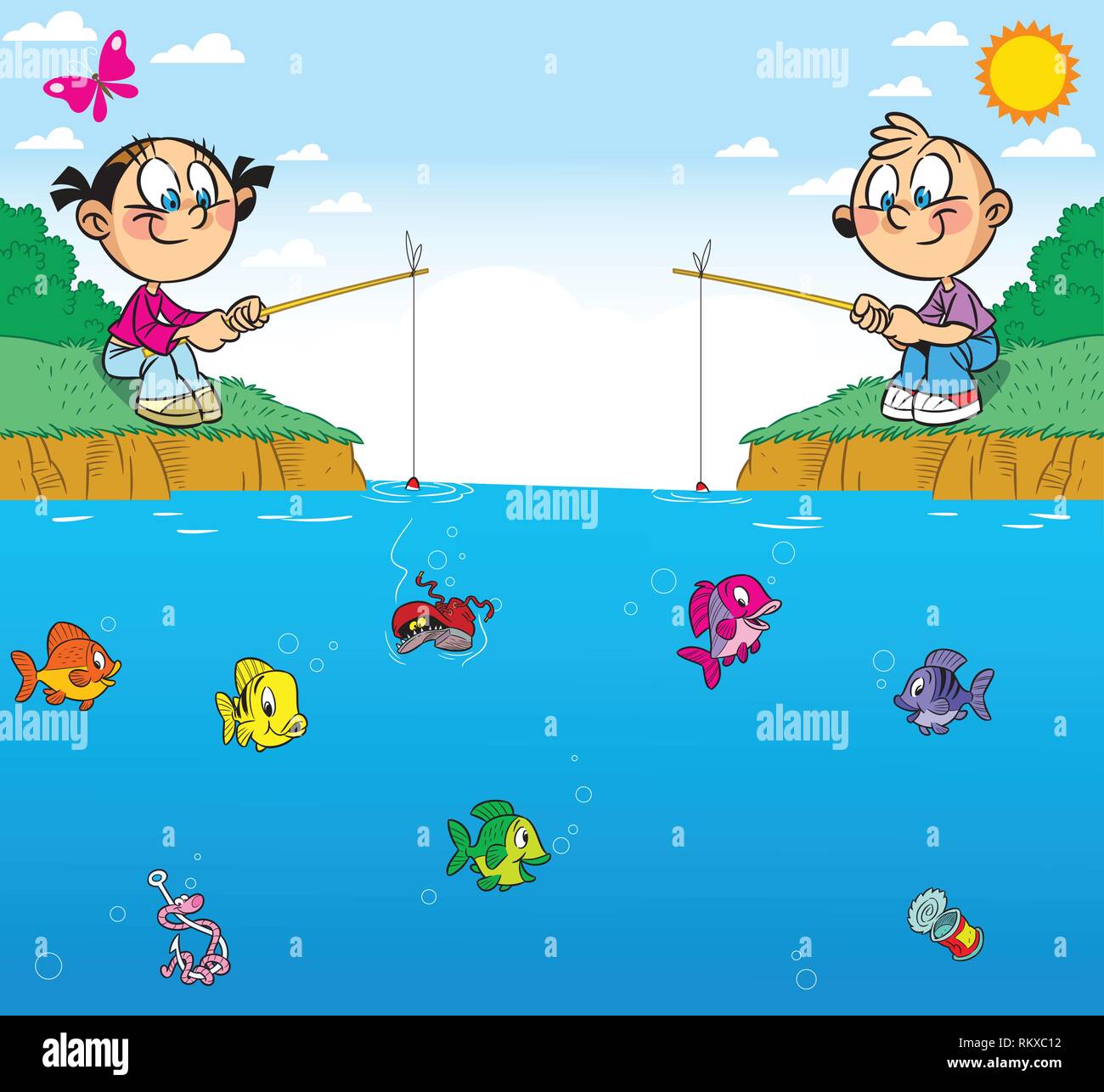 The illustration shows a boy and girl on the pond. They are passionate  about fishing. In water swim different fish. Illustration done in cartoon  style Stock Vector Image & Art - Alamy