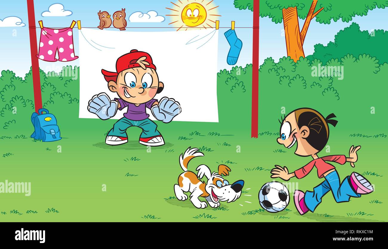 The illustration shows the funny cartoon children playing soccer and pranks. Illustration done on separate layers. Stock Vector