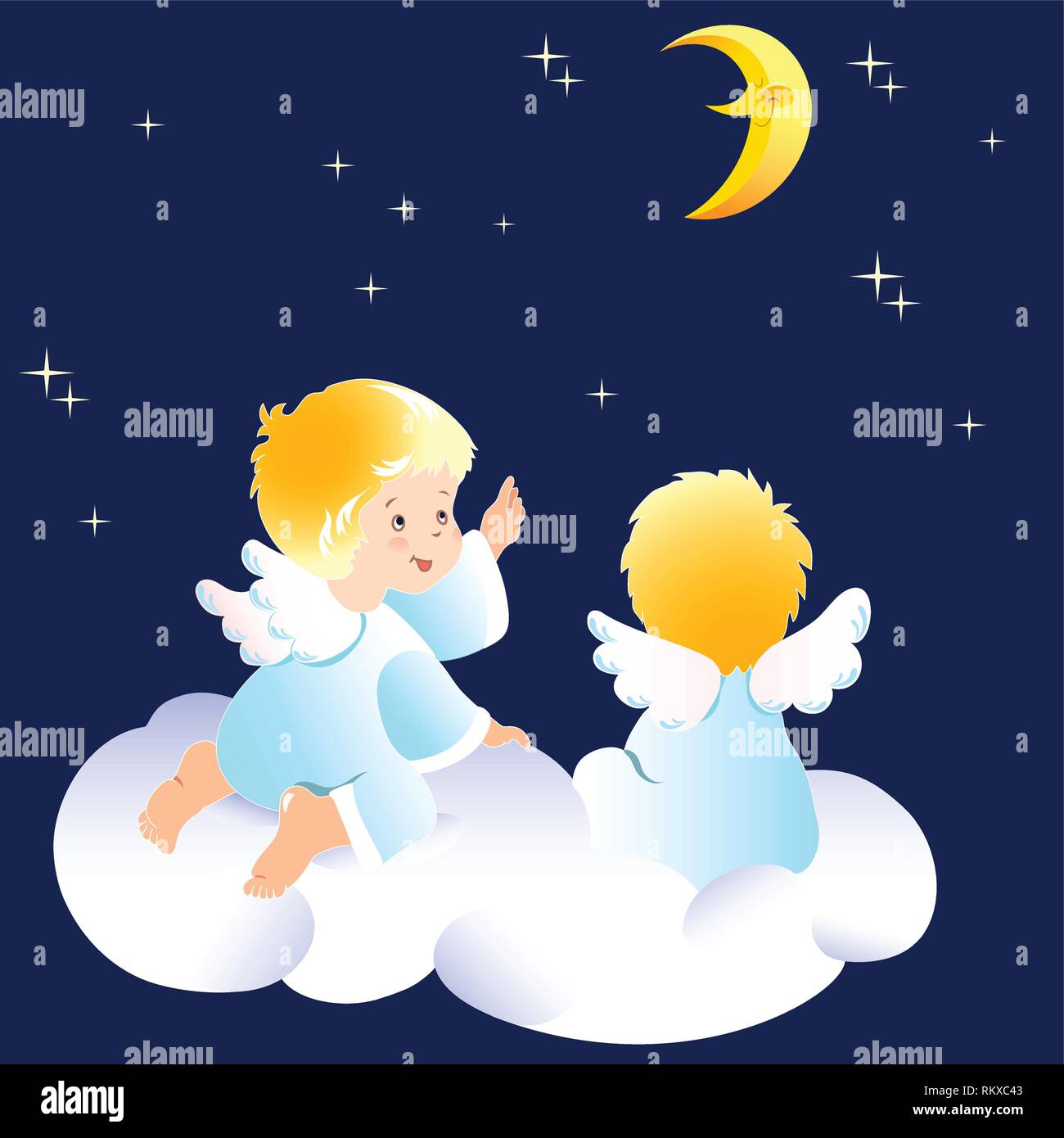 Cute little angels sitting on clouds. They look at the night sky and indicate to the moon. Illustration done on separate layers. Stock Vector