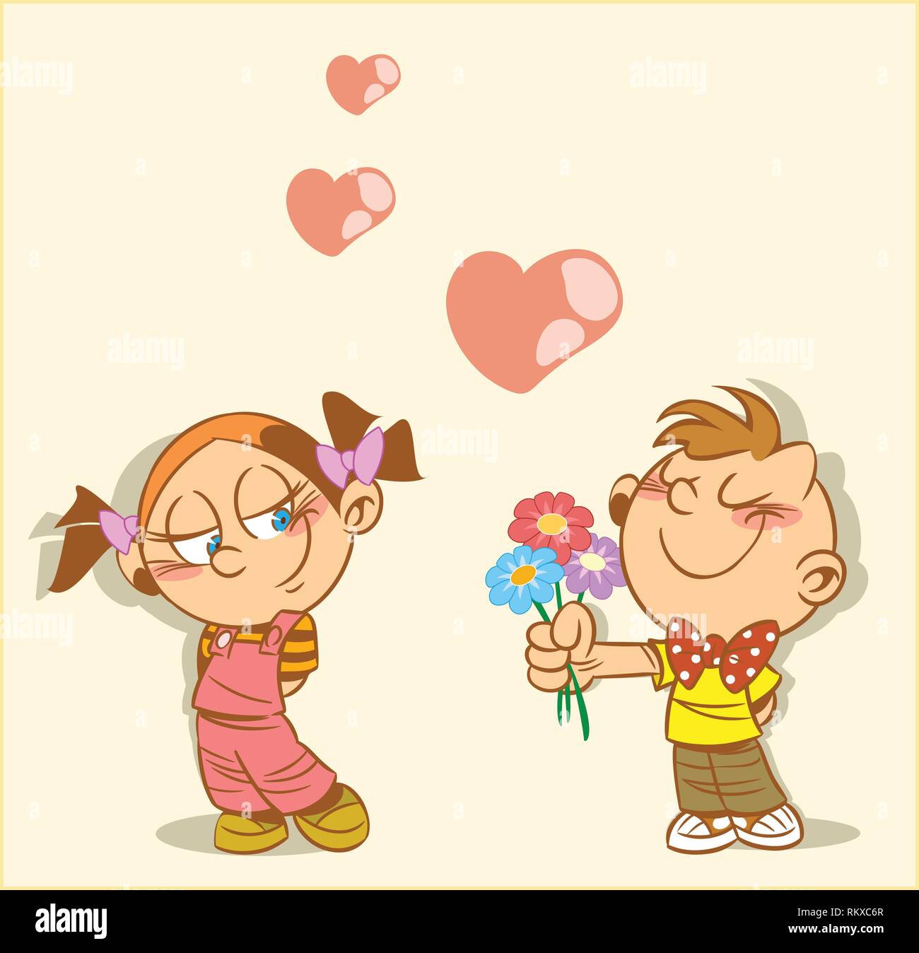 Boy and girl on the picture. Boy gives a girl flowers. This is a declaration of love.An illustration is divided into layers Stock Vector