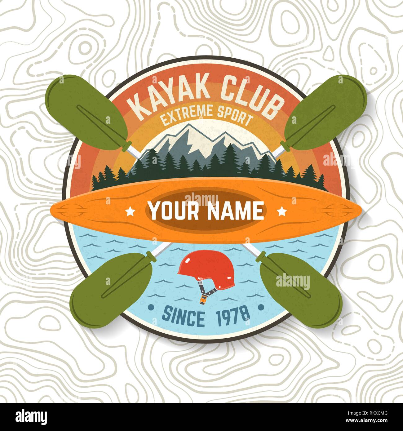Kayak Club. Vector illustration. Concept for patch, shirt, print, stamp or tee. Vintage typography design with mountain, helmet and boat silhouette. Extreme water sport kayak patches Stock Vector