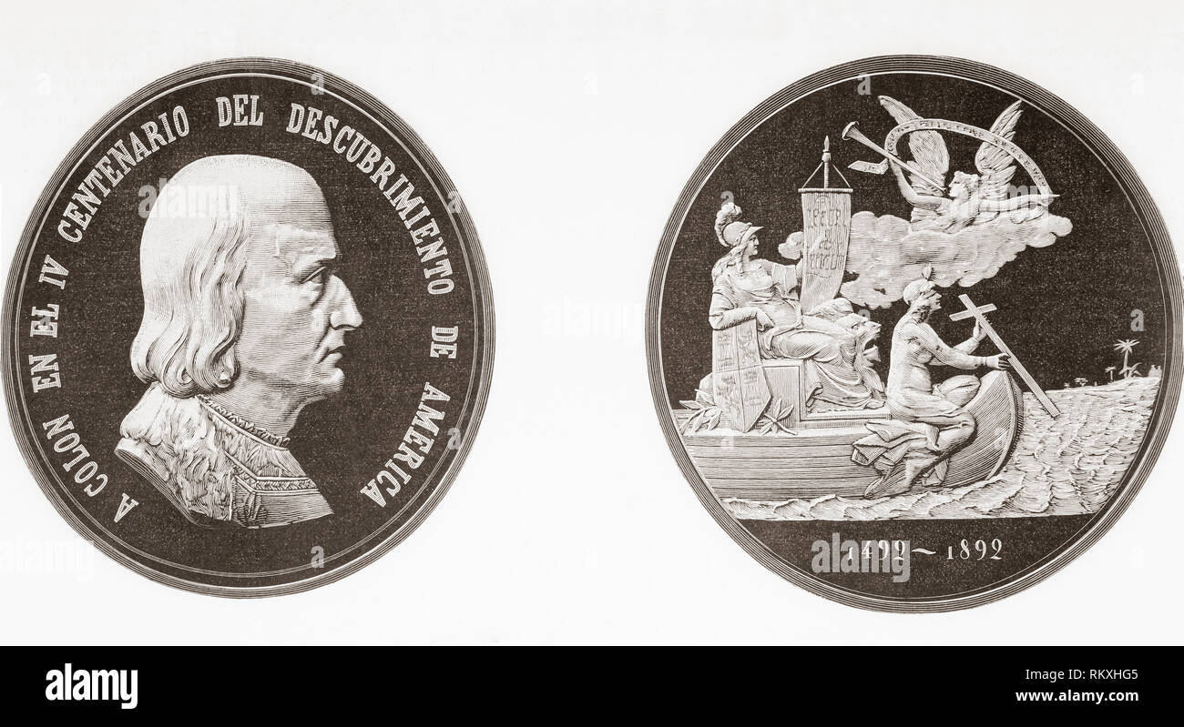 Commemorative medal celebrating the 400 year anniversary of Columbus's discovery of America in 1492.  From La Ilustracion Espanola y Americana, published 1892. Stock Photo