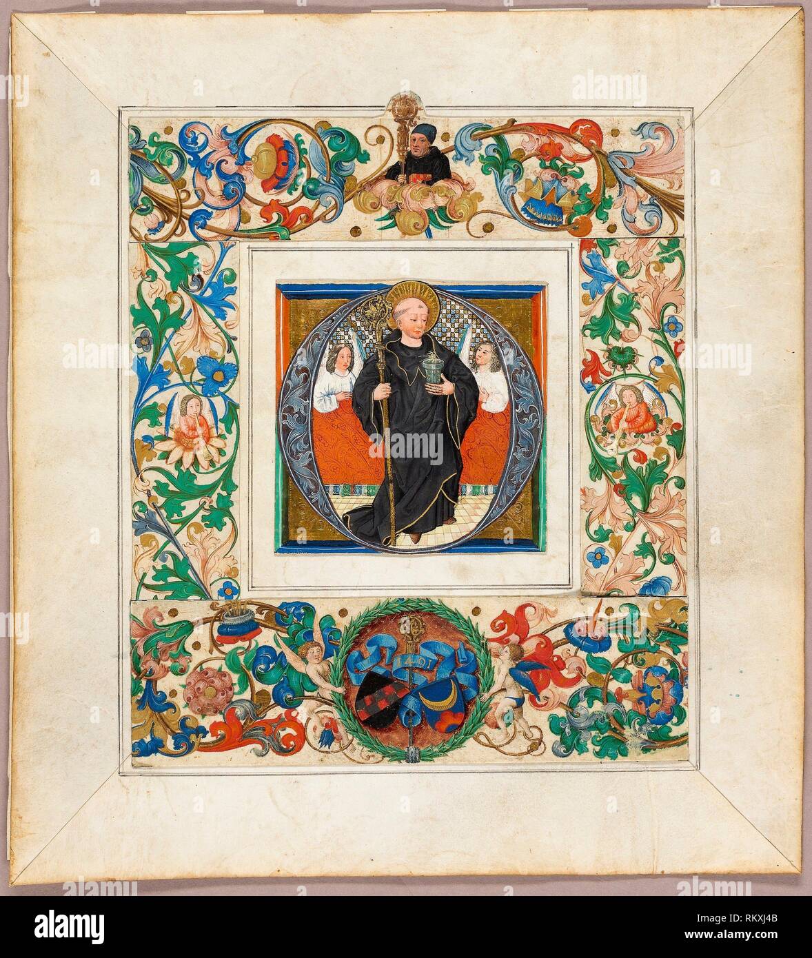 Saint Benedict, initial 'O’, with border fragments from a Missal - 1491 - Attributed to Jakob Elsner and workshop German, about 1460–1517 - Artist: Stock Photo