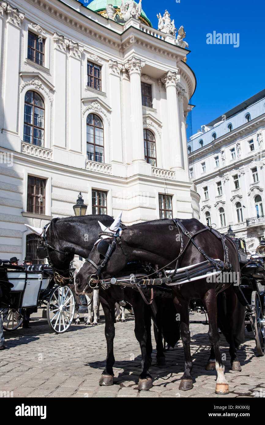 VIENNA, AUSTRIA - APRIL, 2018: Horse-drawn carriages in front of the Hofburg Imperial Palace in Vienna Stock Photo