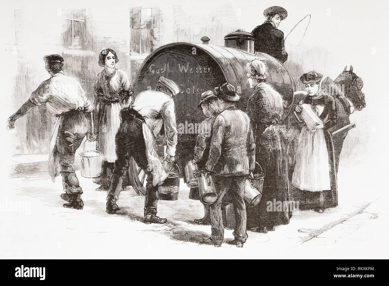 Distributing free pure water to the population during the 1892 Cholera outbreak in Hamburg, Germany.  From La Ilustracion Espanola y Americana, published 1892. Stock Photo