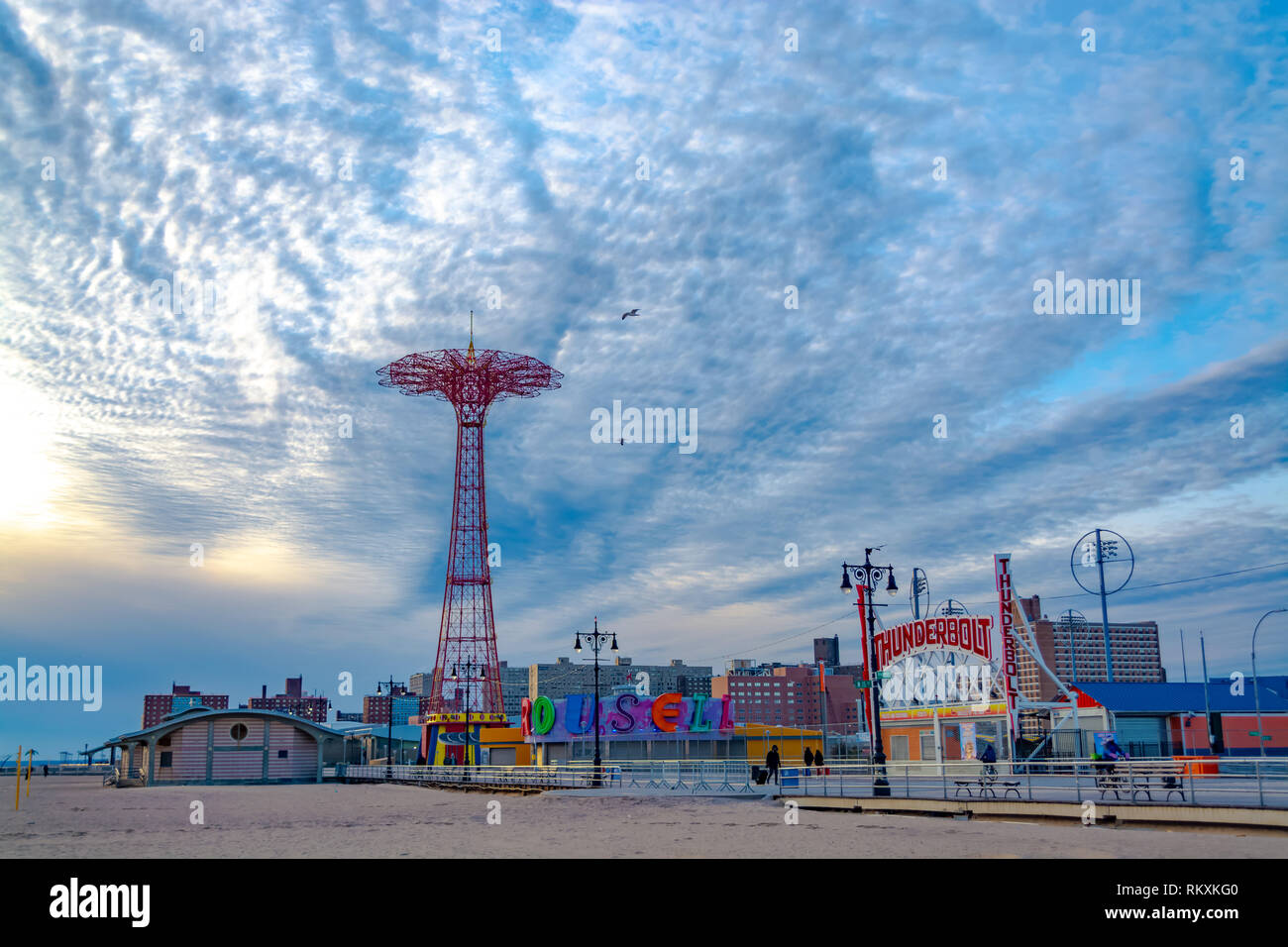 Parachute jump tower in Coney Island Brooklyn and beautiful blue sky and clouds. Stock Photo