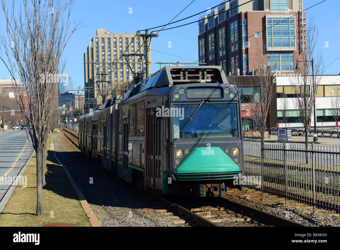 Boston Metro MBTA Ansaldo Breda Type 8 Green Line at Boston University, Boston, Massachusetts, USA. Stock Photo