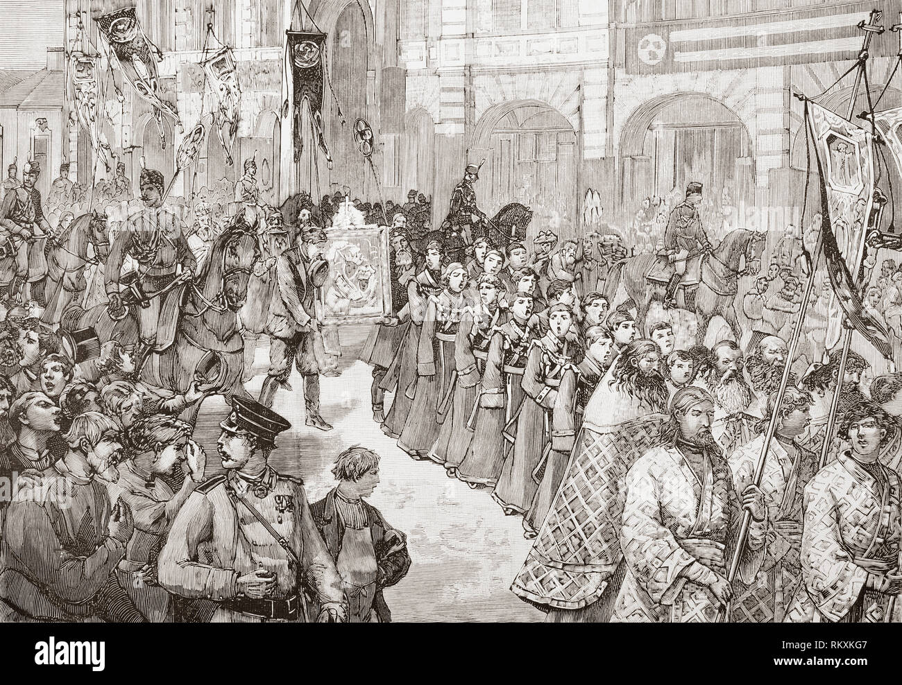 The fifth cholera pandemic, 1881-1896. A religious procession in Saint Petersburg, Russia in 1892 to pray for the disappearance of Cholera.  From La Ilustracion Espanola y Americana, published 1892. Stock Photo