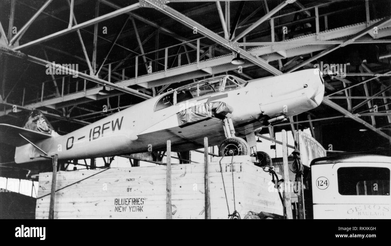 The original Messerschmitt Bf 108 Taifun company demonstrator D-IBFW being shown loaded up, with wings removed, in the USA. Stock Photo