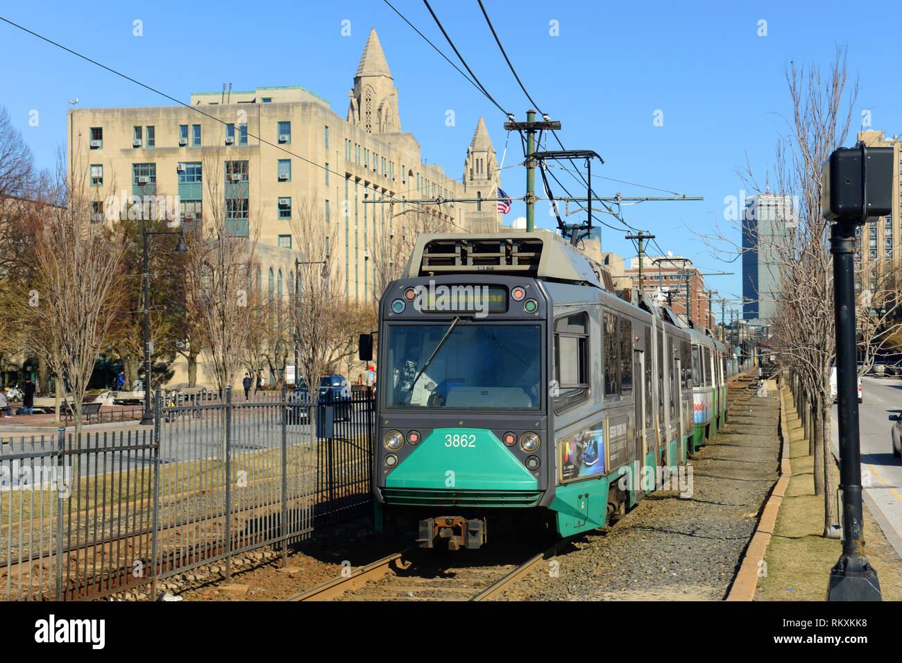 Boston Metro MBTA Ansaldo Breda Type 8 Green Line at Boston University, Boston, Massachusetts, USA. Stock Photo