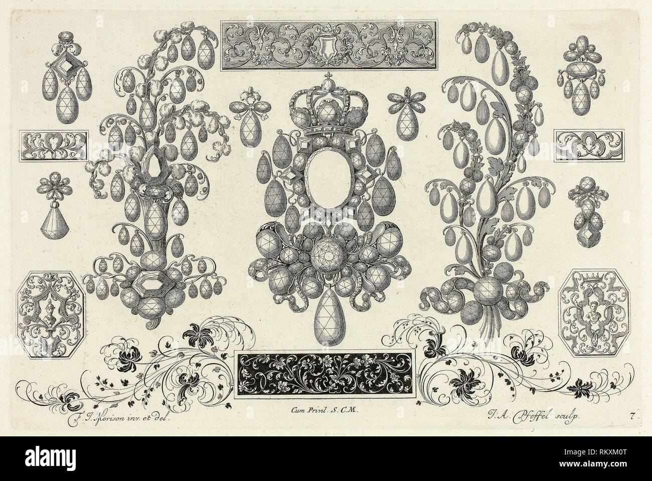 Designs for Jewelry - before 1697 - Joannes Andreas Pfeffel I (German, 1674-1748) after Friedrich Jacob Morisson (German, active 1693-1697) - Artist: Stock Photo