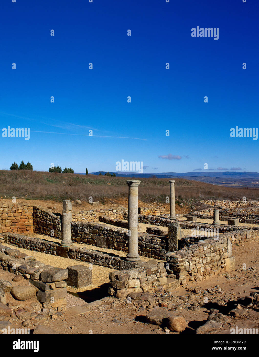 Spain. Numantia. Ancient Celtiberian town conquested by the Romans in 133 BC, during the Celtiberian Wars. It was abandoned in the 4th century AD. Panoramic of the ruins of houses with arcaded courtyards. Garray, province of Soria, Castile and Leon. Stock Photo
