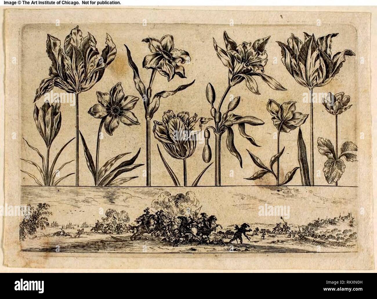 Flowers and Battle Scene, from Livre Nouveau de Fleurs Tres-Util - 1645 - Nicolas Cochin (French, 1610-1686) published by Balthasar Moncornet Stock Photo