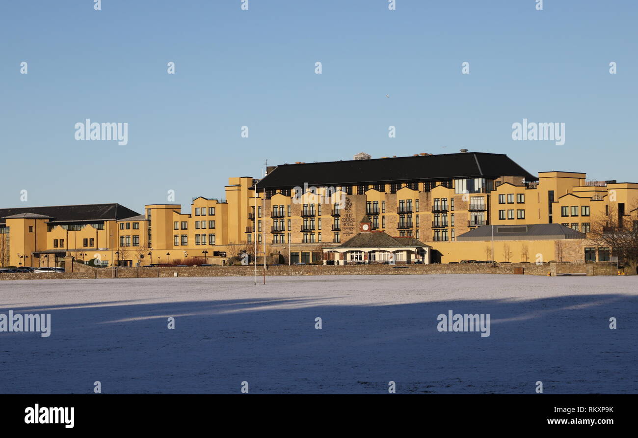 Old Course Hotel with snow St Andrews Fife Scotland  February 2019 Stock Photo