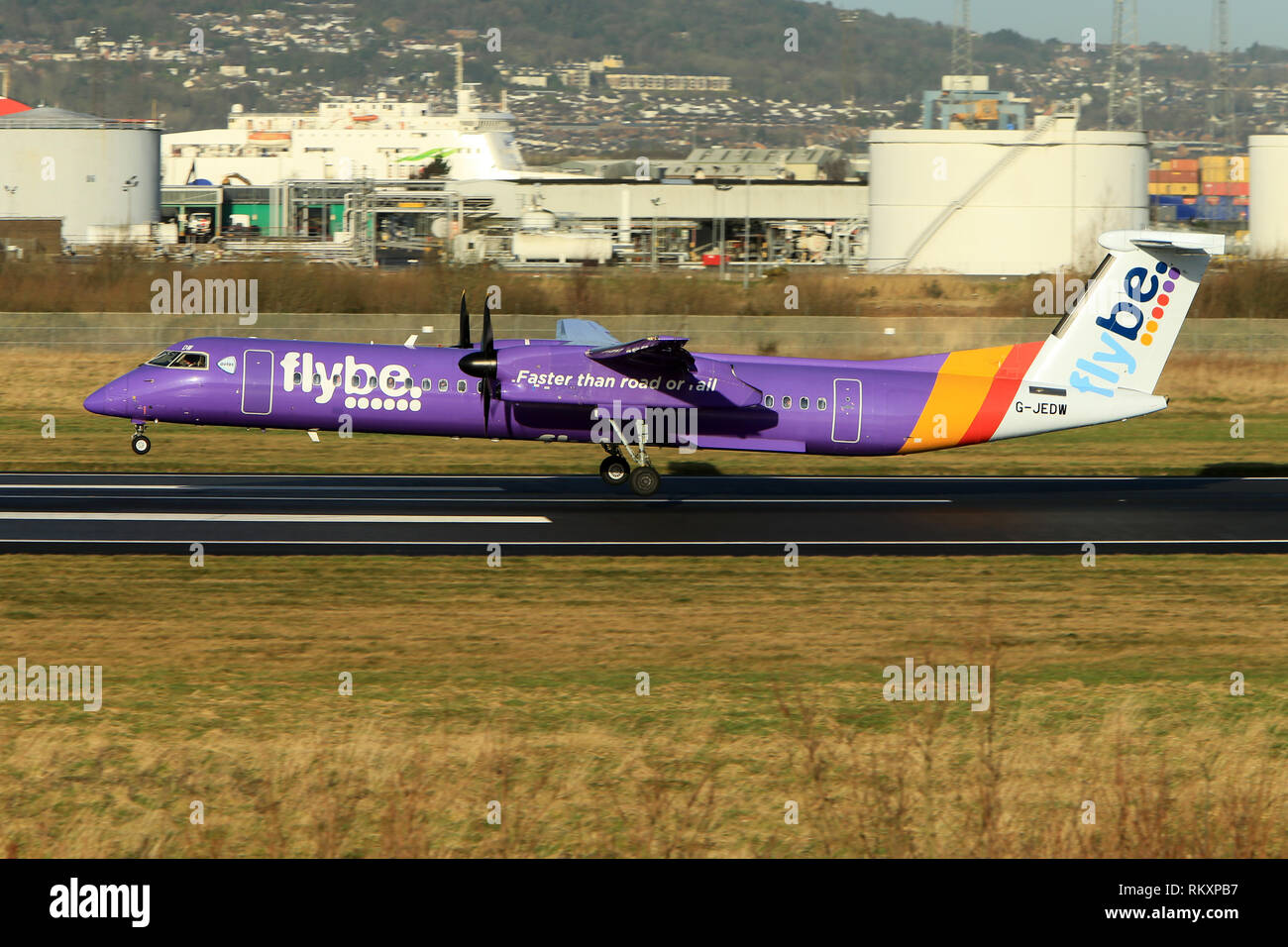 Flybe Aircraft arrive and depart from George Best Belfast City Airport in Belfast, Northern Ireland. Stock Photo