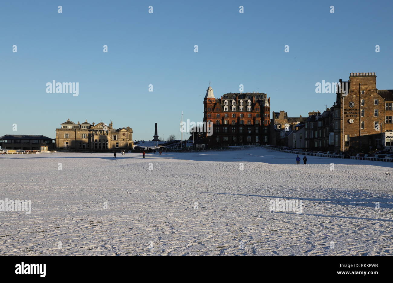 Royal and Ancient Clubhouse, Hamilton Grand and Rusacks Hotel with snow St Andrews Fife Scotland   February 2019 Stock Photo