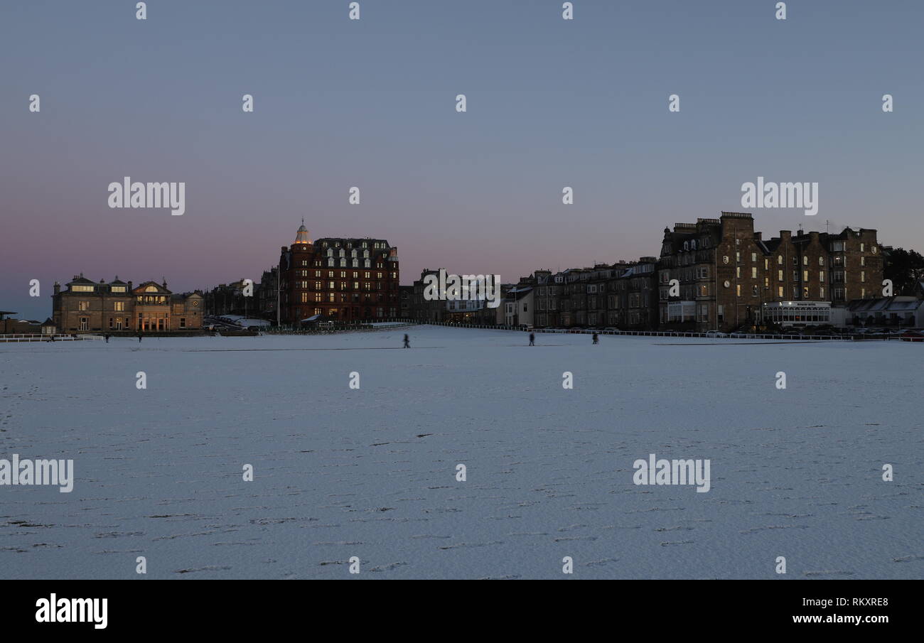 Royal and Ancient Clubhouse, Hamilton Grand and Rusacks Hotel with snow St Andrews Fife Scotland   February 2019 Stock Photo
