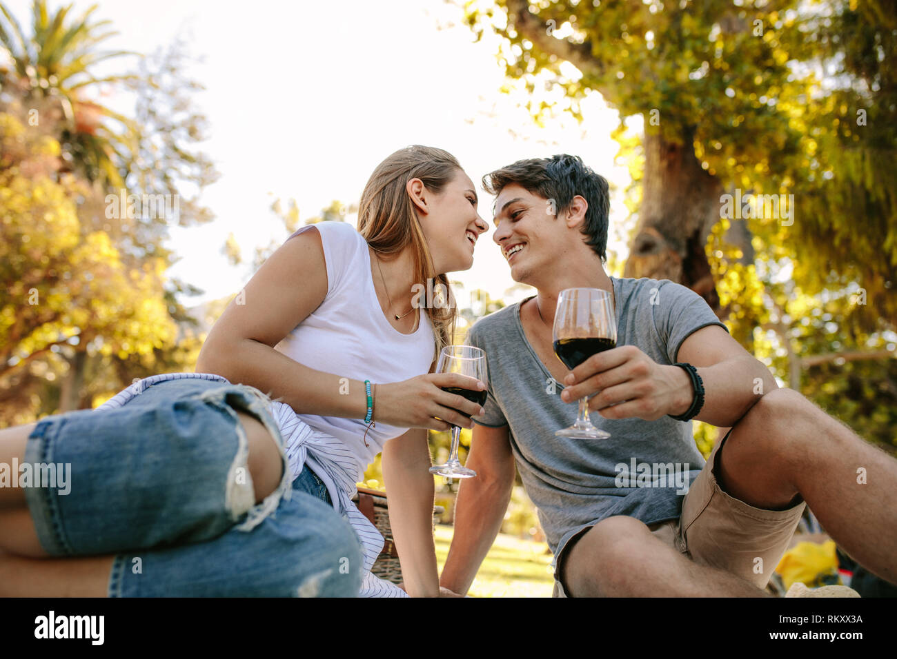 Low angle view of a romantic couple sitting in a park holding wine glasses looking at each other. Happy couple on picnic sitting in a park on a sunny Stock Photo