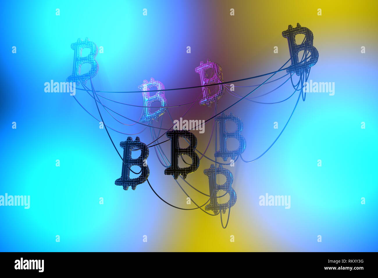 Golden bitcoin signs flying in the air and connected to each other by ...
