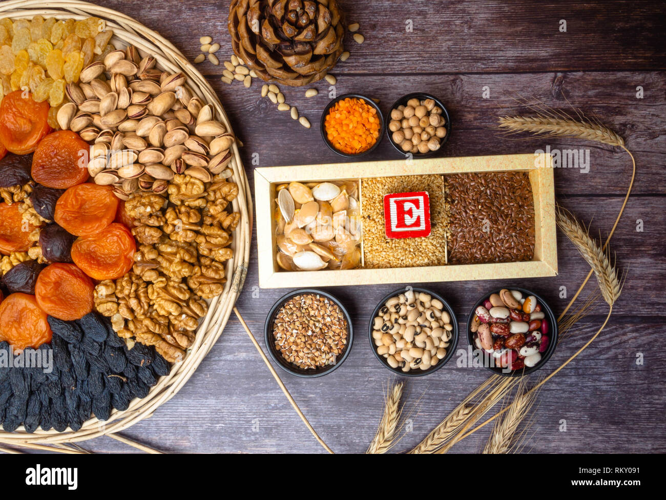 Healthy food nutrition dieting concept. Assortment of high vitamin E