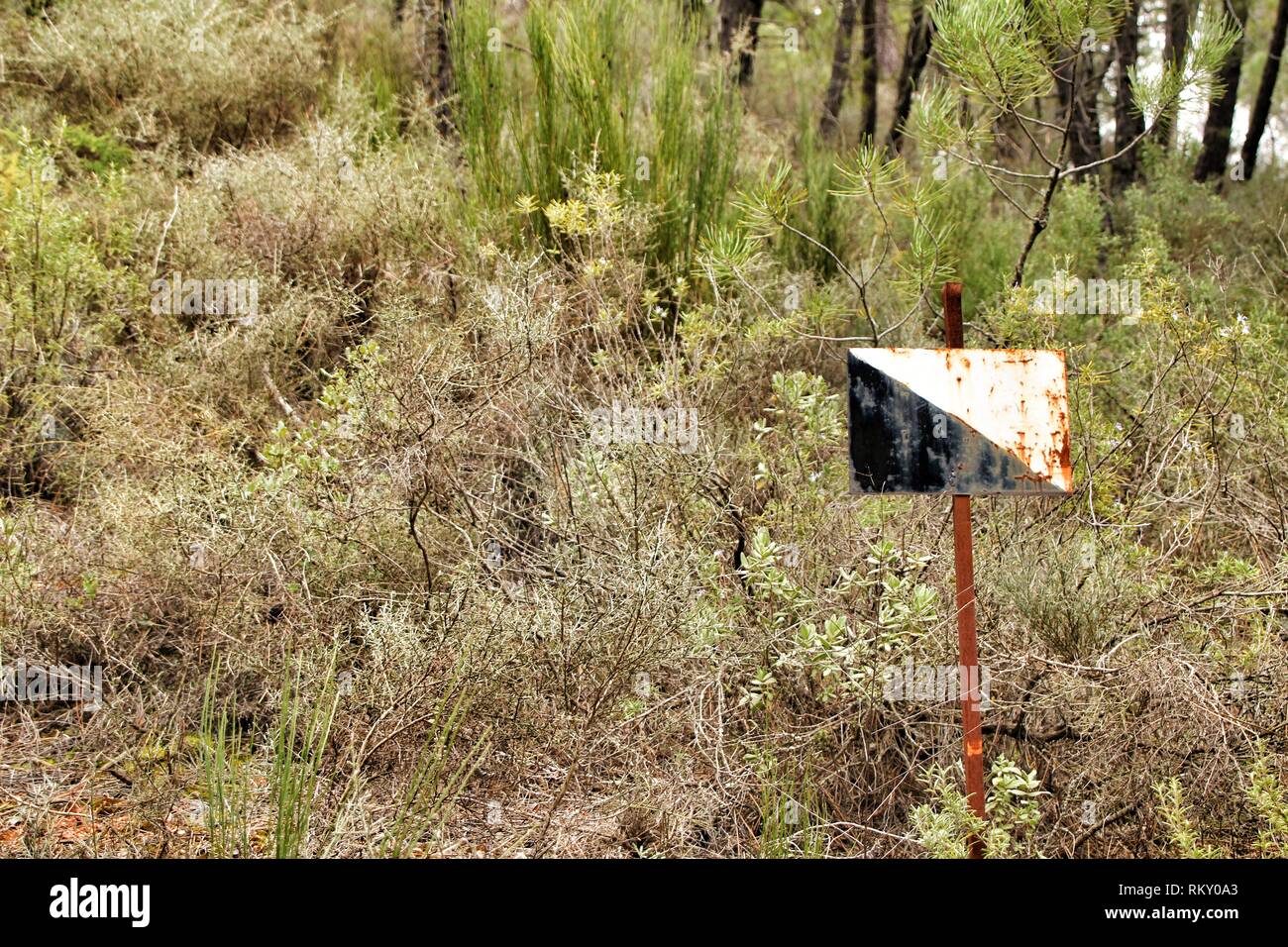 Sign of hunting reserve in the mountain in winter in Spain Stock Photo