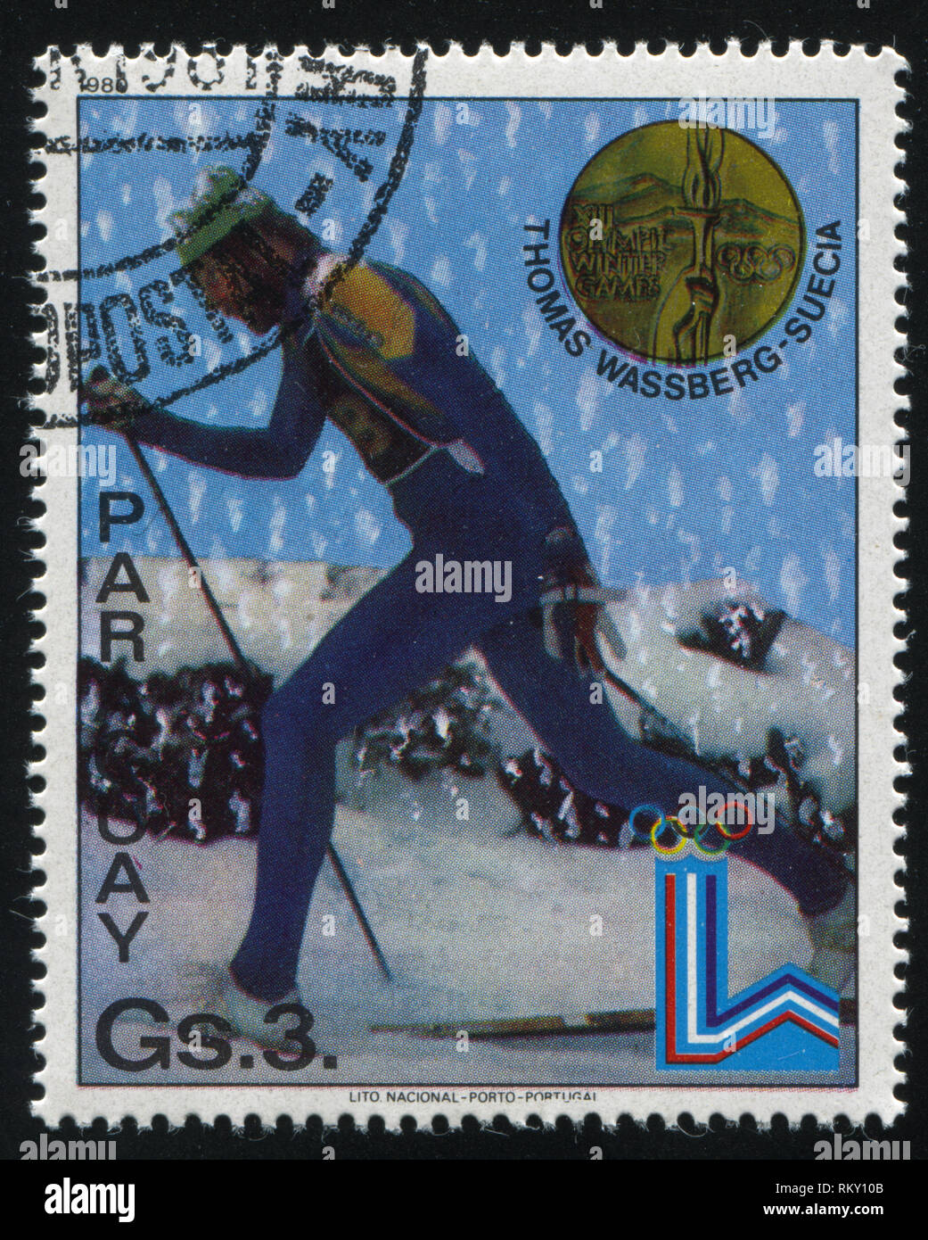 RUSSIA KALININGRAD, 19 APRIL 2017: stamp printed by Paraguay, shows  Thomas Wassberg, Cross country skier at Winter Olympics in Innsbruck, circa 1980 Stock Photo