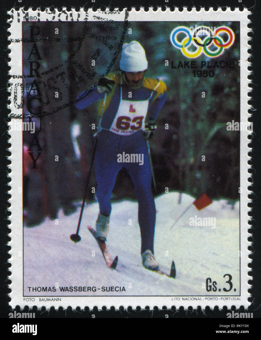 RUSSIA KALININGRAD, 19 APRIL 2017: stamp printed by Paraguay, shows  Thomas Wassberg, Cross country skier at Winter Olympics in Lake Placid, circa 198 Stock Photo